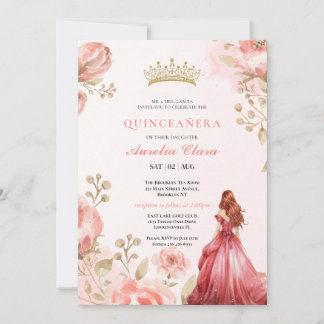 Quinceañera Blush Pink Rose Floral Butterfly Tiara Einladung