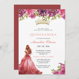 Quinceañera Blush Pink Rose Floral Butterfly Tiara Einladung