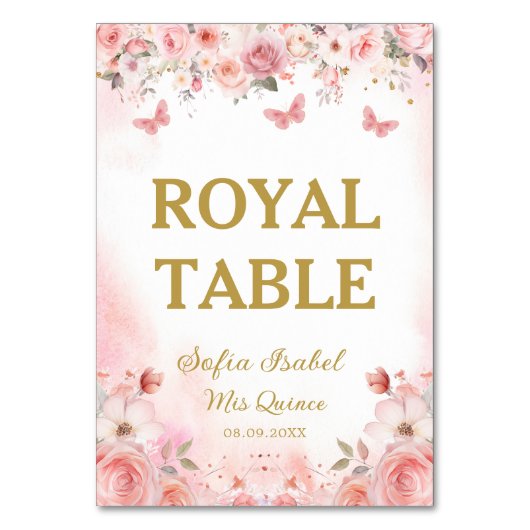 Quinceañera Blush Pink Rose Floral Butterfly Tischnummer (Vorderseite)