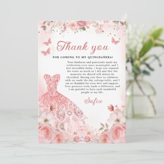 Quinceañera Blush Pink Rose Floral Vielen Dank Dankeskarte (Stehend Vorderseite)