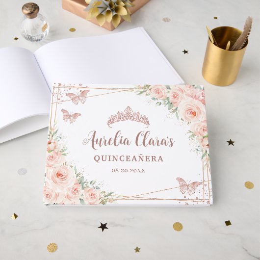 Quinceanera Blush Pink Rose Gold Butterfly Gästebuch (Vorderseite Offen)