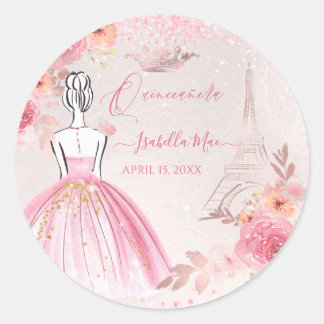 Quinceanera Blush Pink Rose Gold Eiffel Tower Runder Aufkleber