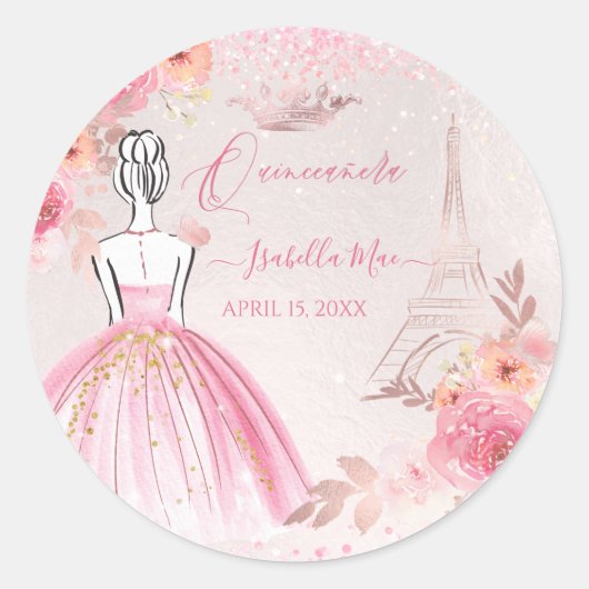 Quinceanera Blush Pink Rose Gold Eiffel Tower Runder Aufkleber (Vorderseite)