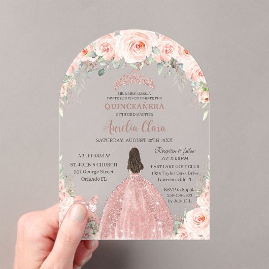 Quinceañera Blush Pink Rose Gold Prinzessin Acryleinladungen (Insitu (Handheld))