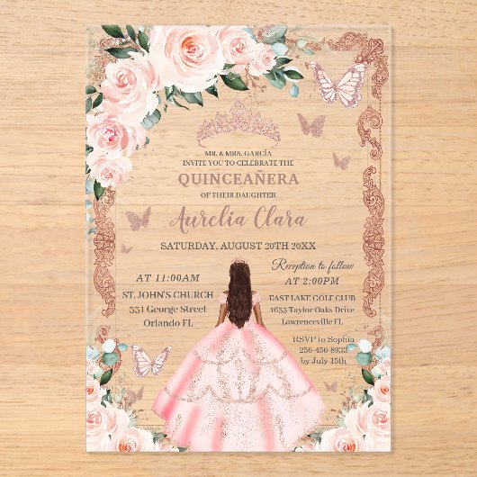 Quinceañera Blush Pink Rose Gold Prinzessin Acryleinladungen (Vorderseite)