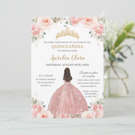 Quinceañera Blush Pink Rose Gold Prinzessin Einladung (Stehend Vorderseite)