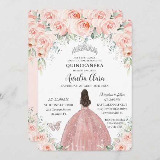Quinceañera Blush Pink Rose Prinzessin Silver Einladung (Vorne/Hinten)