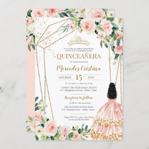 Quinceanera Blush Pink Roses and Gold, Girl Gown I Einladung