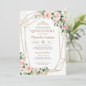 Quinceanera Blush Pink Roses und Gold Pearl Tiara Einladung (Stehend Vorderseite)