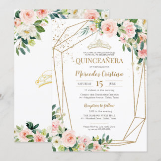 Quinceanera Blush Pink Roses und Gold Pearl Tiara Einladung