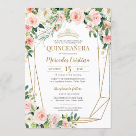 Quinceanera Blush Pink Roses und Gold Pearl Tiara Einladung