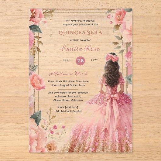 Quinceañera Blush Pink Silver Rose Dress Quince Acryleinladungen (Vorderseite)