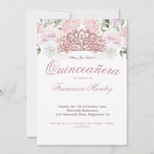 Quinceanera Blush Pink Tiara Floral Einladung (Vorderseite)
