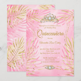 Quinceanera Blush Pink Tiara Palms Geburtstagspart Einladung