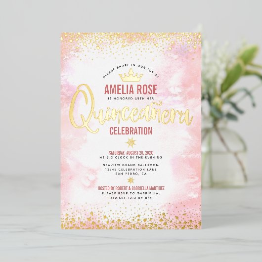 Quinceañera Blush Pink Wasserfarbe Krone Real Gold Folieneinladung (Stehend vorne)