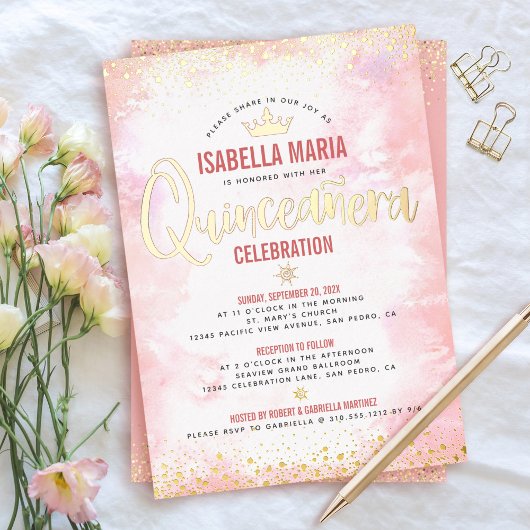 Quinceañera Blush Pink Wasserfarbe Krone Real Gold Folieneinladung