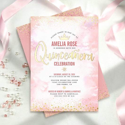 Quinceañera Blush Pink Wasserfarbe Krone Real Gold Folieneinladung