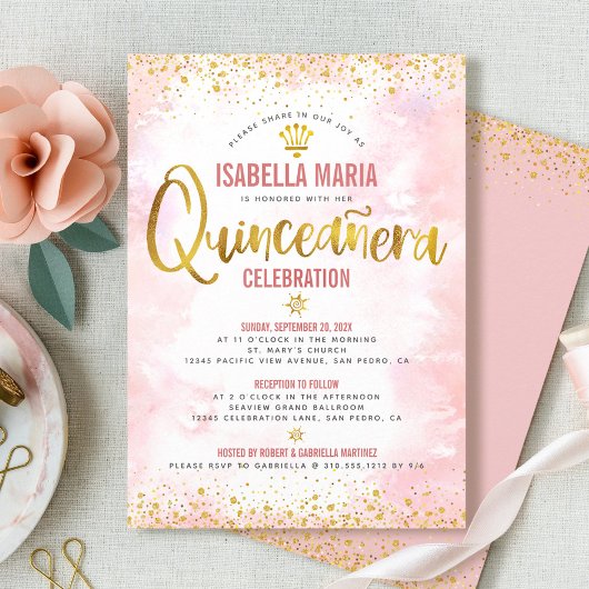 Quinceañera Blush Pink Wasserfarben Giro del Malca Einladung