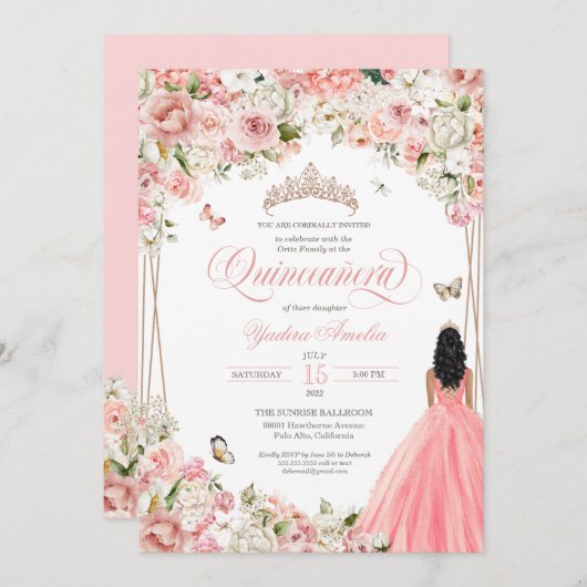Quinceanera Blush Pink White Floral & Butterfly In Einladung (Vorne/Hinten)