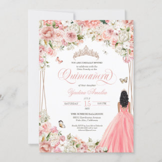 Quinceanera Blush Pink White Floral & Butterfly In Einladung