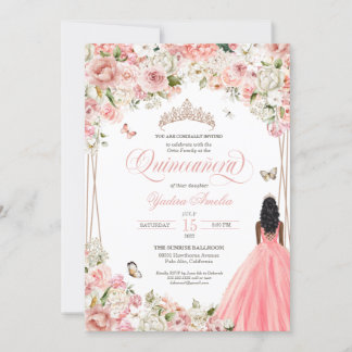 Quinceanera Blush Pink White Floral & Butterfly In Einladung