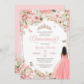 Quinceanera Blush Pink White Floral & Butterfly In Einladung (Vorne/Hinten)