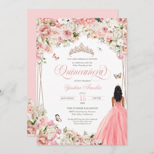 Quinceanera Blush Pink White Floral & Butterfly In Einladung (Vorne/Hinten)