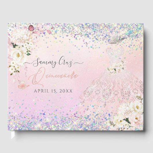 Quinceanera Blush Princess Glitzer Gown Confetti G Gästebuch (Vorderseite)