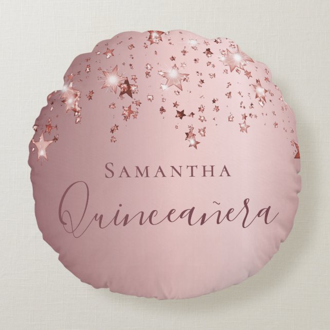 Quinceanera Blush Rosa Monogramm Name Funkeln Rundes Kissen (Vorderseite)