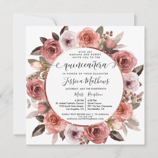Quinceanera Blush Rose Einladung (Vorderseite)