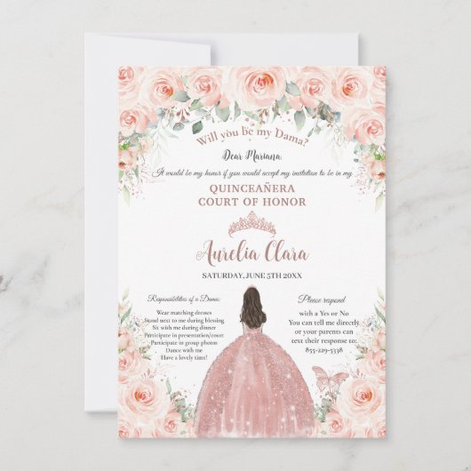 Quinceañera Blush Rose Gold Dama Vorschlag Einladung (Vorderseite)