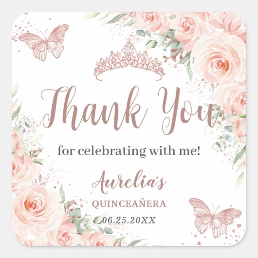 Quinceanera Blush Rose Gold Schmetterlinge Quadratischer Aufkleber (Vorderseite)