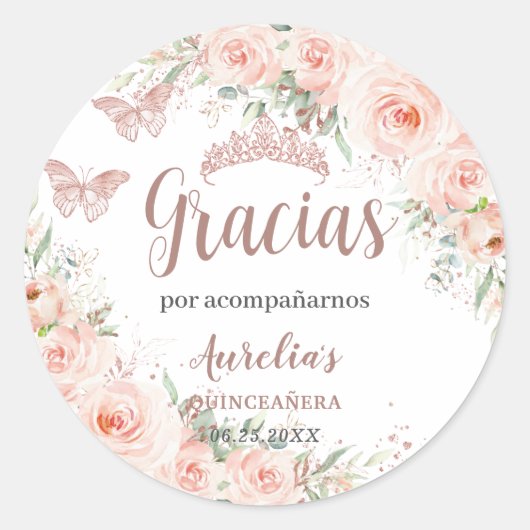 Quinceañera Blush Rose Gold Schmetterlinge Runder Aufkleber (Vorderseite)