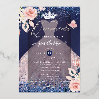 Quinceanera Blush Rose Silver Foil Crown Navy Folieneinladung