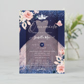 Quinceanera Blush Rose Silver Foil Crown Navy Folieneinladung (Stehend vorne)