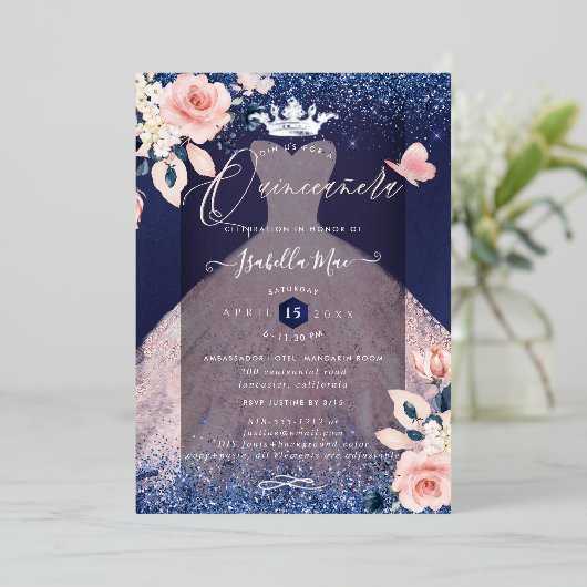 Quinceanera Blush Rose Silver Foil Crown Navy Folieneinladung (Stehend vorne)