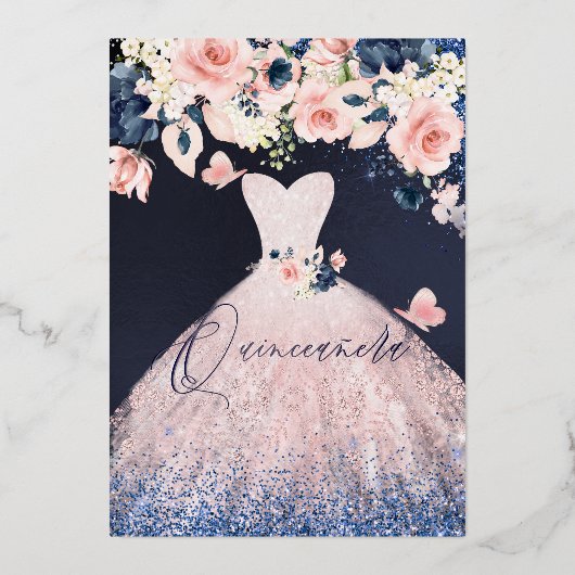 Quinceanera Blush Rose Silver Foil Crown Navy Folieneinladung (Rückseite)