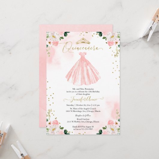 Quinceanera Blush Wasserfarbe Blume Rosa Kleid Einladung (Vorderseite/Rückseite Beispiel)