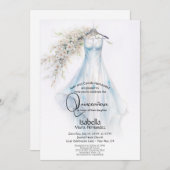 Quinceañera | Blütenblau-goldene weiße Blüten Einladung (Vorne/Hinten)