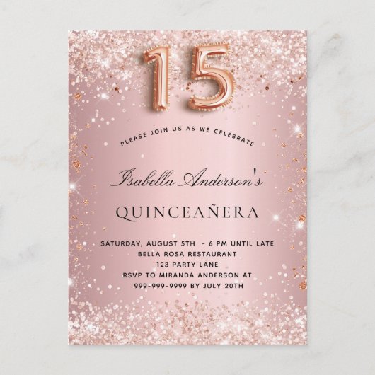 Quinceanera Blütenrose Rosa Glitzer Staub Einladungspostkarte (Vorderseite)