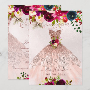 Quinceañera, Boho Floral Sparkle Kleid Roségold Einladung