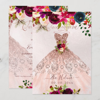 Quinceañera, Boho Floral Sparkle Rose Gold Einladung