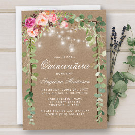 Quinceanera Botanical Green Pink Floral Wood Kraft Einladung