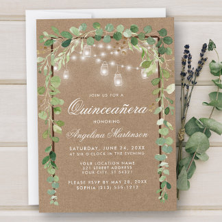 Quinceanera Botanischer Grünholz Rahmen Kraft Einladung