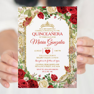 Quinceañera Bright Red & Gold Crown Butterfly Einladung