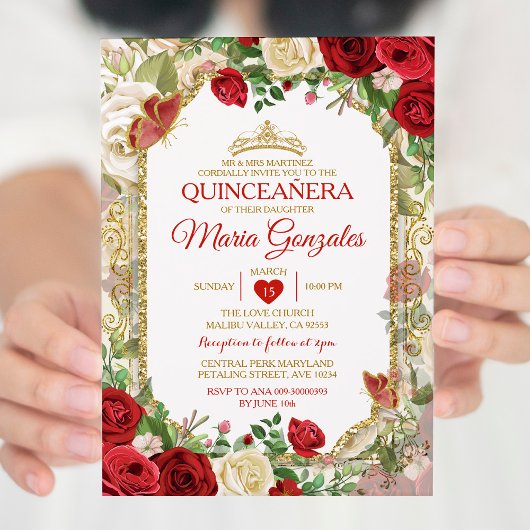 Quinceañera Bright Red & Gold Crown Butterfly Einladung