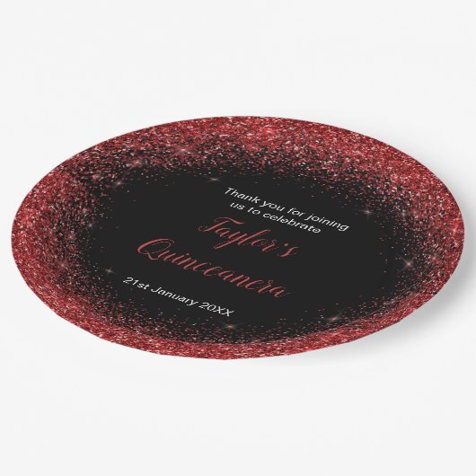 Quinceanera Bright Red Imitats Glitzer Pappteller (Schrägansicht)