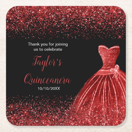 Quinceanera Bright Red Imitats Glitzer Rechteckiger Pappuntersetzer (Vorderseite)