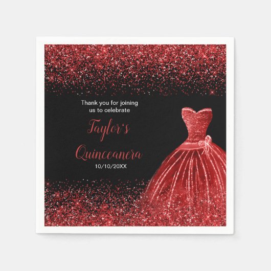 Quinceanera Bright Red Imitats Glitzer Serviette (Vorderseite)