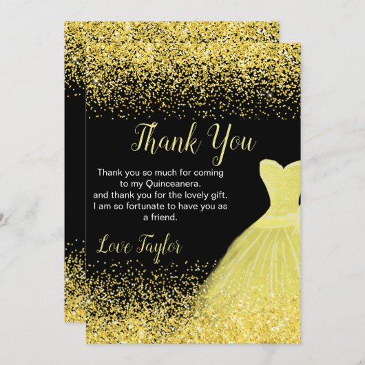 Quinceanera Bright Yellow Dress Faux Glitter Dankeskarte (Vorne/Hinten)